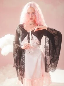 ROMWE Kawaii 蕾絲拼接前繫帶荷葉袖上衣 - 黑色 - 查看 2