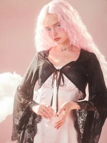 ROMWE Kawaii 蕾絲拼接前繫帶荷葉袖上衣 - 黑色 - 查看 3