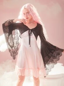 ROMWE Kawaii 蕾絲拼接前繫帶荷葉袖上衣 - 黑色 - 查看 4