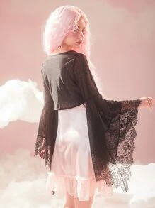 ROMWE Kawaii 蕾絲拼接前繫帶荷葉袖上衣 - 黑色 - 查看 6