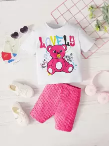SHEIN 嬰兒熊和字母圖案T恤和短褲 - 粉色 - 查看 1