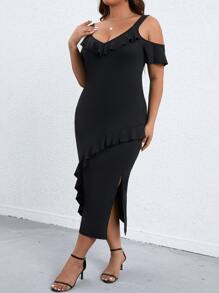 Celure Vestido de hombros descubiertos ribete con fruncido de muslo con abertura - Negro - Ver 1