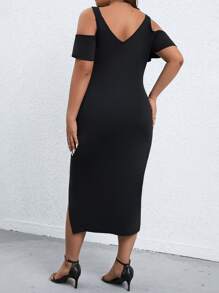 Celure Vestido de hombros descubiertos ribete con fruncido de muslo con abertura - Negro - Ver 2