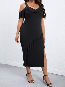 Celure Vestido de hombros descubiertos ribete con fruncido de muslo con abertura - Negro - Ver 3