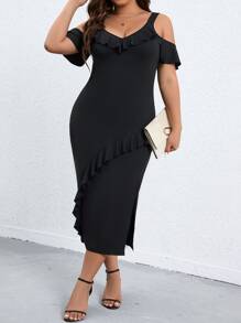 Celure Vestido de hombros descubiertos ribete con fruncido de muslo con abertura - Negro - Ver 4