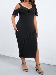 Celure Vestido de hombros descubiertos ribete con fruncido de muslo con abertura - Negro - Ver 5