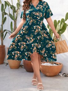 Breezaya Plus Floral Print Wrap Hem Dress - Multicolor - View 1