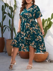 Breezaya Plus Floral Print Wrap Hem Dress - Multicolor - View 8