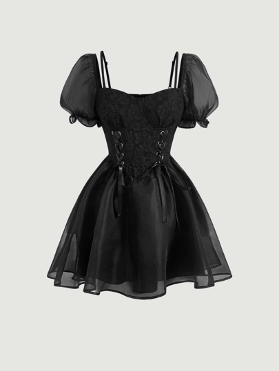 SHEIN MOD Grommet Lace Up Front Puff Sleeve Dress