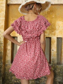 SHEIN VCAY Vestido con estampado floral ribete con fruncido con cordón delantero - Rojo - Ver 2