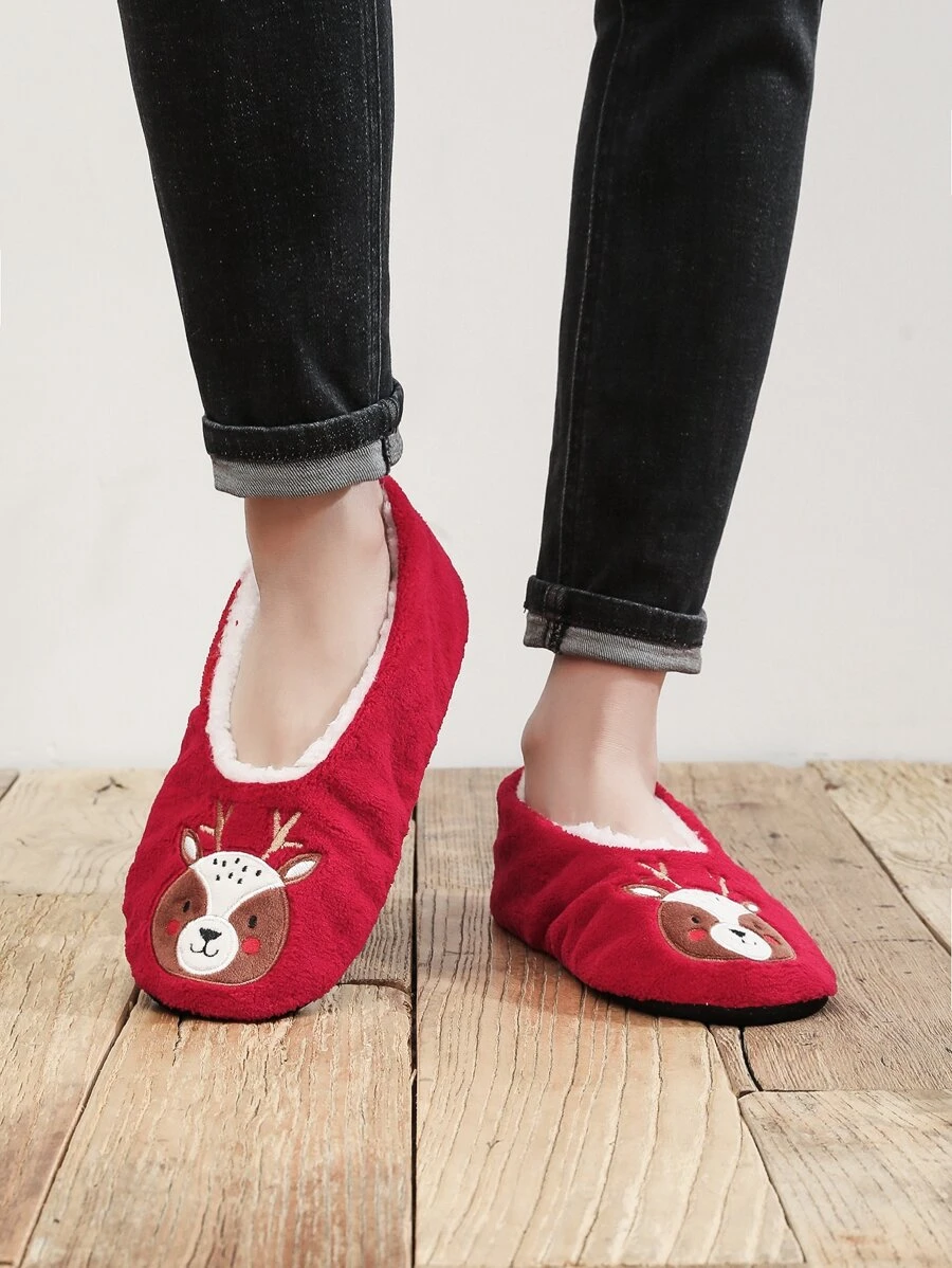 男士卡通動物圖案刺繡細節臥室拖鞋 - 紅色 - 查看 1