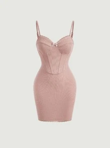 SHEIN MOD Đầm Nơ Bướm Gân đan màu trơn Giải trí - Bụi hồng - Xem 1