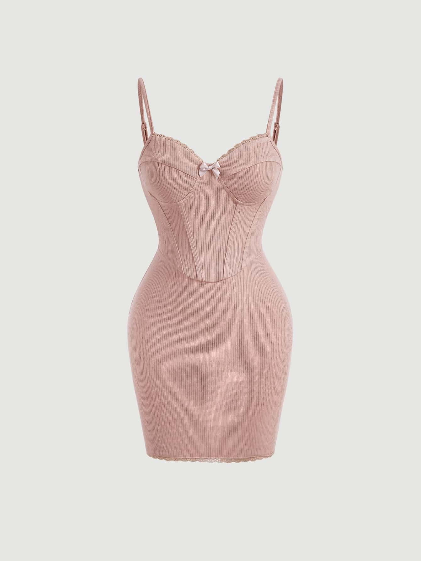 SHEIN MOD Đầm Nơ Bướm Gân đan màu trơn Giải trí - Bụi hồng - Xem 1