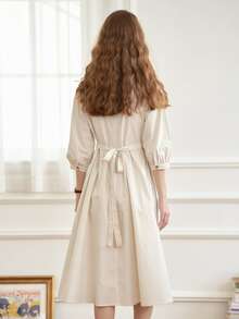 Simple Retro 條紋印花前紐扣襯衫連衣裙 - 白色 - 查看 2