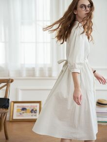 Simple Retro 條紋印花前紐扣襯衫連衣裙 - 白色 - 查看 3