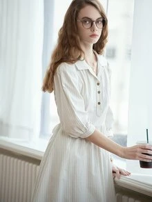 Simple Retro 條紋印花前紐扣襯衫連衣裙 - 白色 - 查看 4