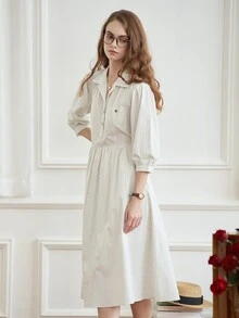 Simple Retro 條紋印花前紐扣襯衫連衣裙 - 白色 - 查看 5