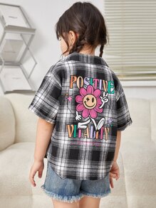 SHEIN 小女童格紋和卡通圖案落肩袖襯衫 - 黑與白 - 查看 1