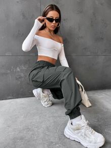 SHEIN Unity Flap Pocket Side Jogger Pants Fall Cloth For Women - Dark Grey - View 6