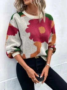 SHEIN LUNE 印花图案落肩毛衣，长袖针织套头衫，秋冬款毛衣 - 杏色 - 查看 1