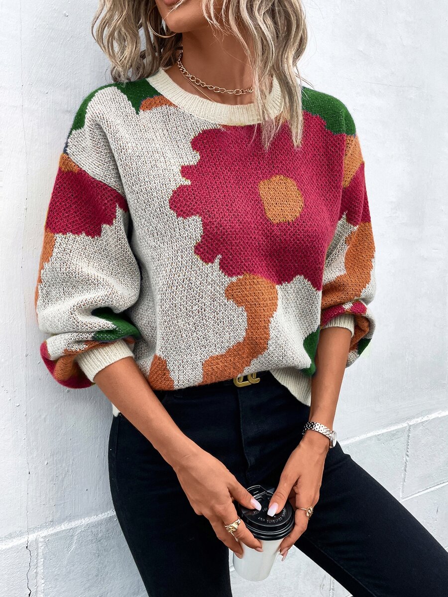 SHEIN LUNE 印花图案落肩毛衣，长袖针织套头衫，秋冬款毛衣 - 杏色 - 查看 1