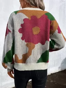 SHEIN LUNE 印花图案落肩毛衣，长袖针织套头衫，秋冬款毛衣 - 杏色 - 查看 2