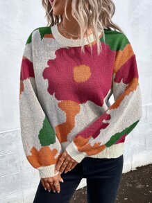 SHEIN LUNE 印花图案落肩毛衣，长袖针织套头衫，秋冬款毛衣 - 杏色 - 查看 3