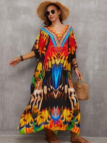Allover Print Batwing Sleeve Cover Up Dress - Multicolor - View 3