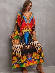 Allover Print Batwing Sleeve Cover Up Dress - Multicolor - View 4