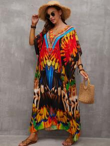 Allover Print Batwing Sleeve Cover Up Dress - Multicolor - View 5