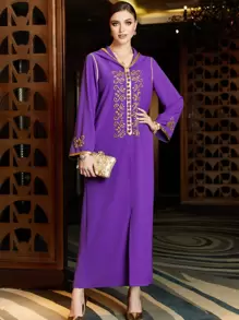 Al Najma 花卉刺绣对比滚边开衩下摆连帽端庄连衣裙优雅奢华长袖阿拉伯连衣裙，卡夫坦