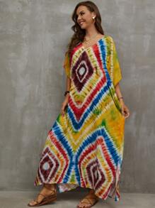Tie Dye Batwing Sleeve Split Thigh Cover Up House Dress