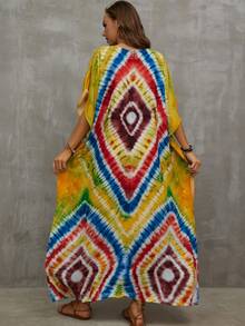 Tie Dye Batwing Sleeve Split Thigh Cover Up House Dress