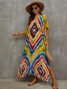 Tie Dye Batwing Sleeve Split Thigh Cover Up House Dress