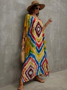 Tie Dye Batwing Sleeve Split Thigh Cover Up House Dress