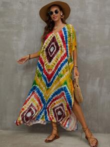 Tie Dye Batwing Sleeve Split Thigh Cover Up House Dress