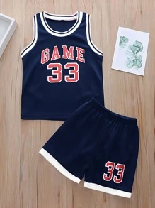 SHEIN 年輕男孩信封圖形條紋邊籃球背心套裝 - 藏蓝色 - 查看 1