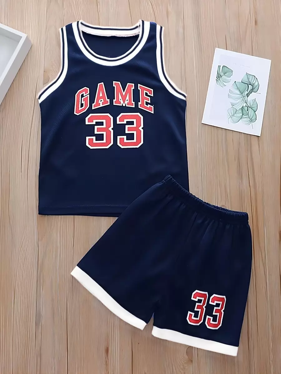 SHEIN 年輕男孩信封圖形條紋邊籃球背心套裝 - 藏蓝色 - 查看 1