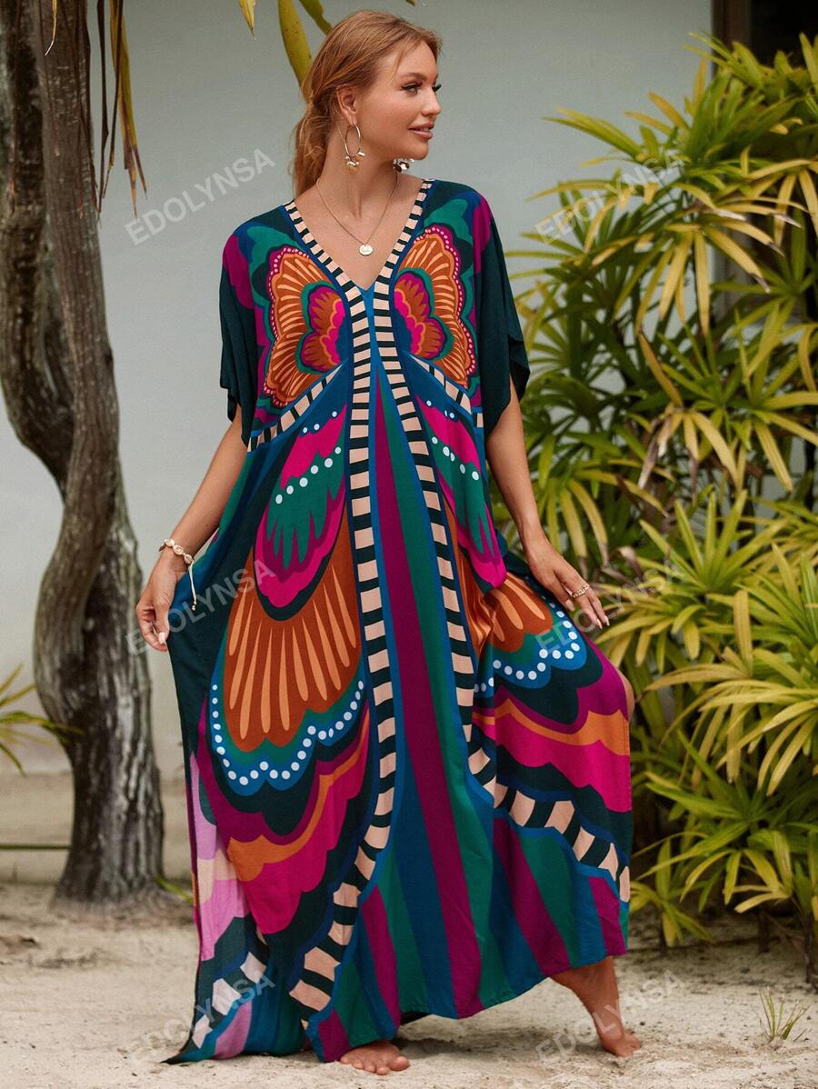 Vestido tipo kaftan estampado all over, escote en V, largo hasta los pies, para cubrir el vestido, ideal para vacaciones de verano