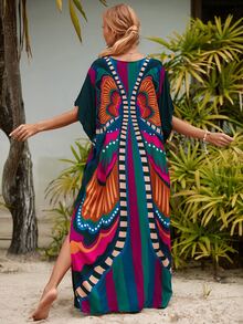 Allover Print V Neck Maxi Cover Up Dress Kaftan Vacation Summer