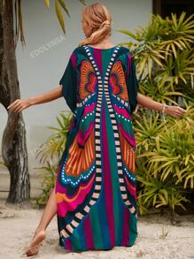 Vestido tipo kaftan estampado all over, escote en V, largo hasta los pies, para cubrir el vestido, ideal para vacaciones de verano
