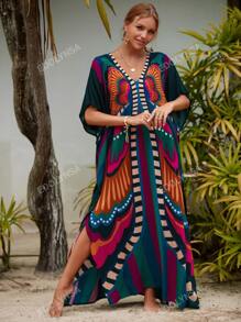 Vestido tipo kaftan estampado all over, escote en V, largo hasta los pies, para cubrir el vestido, ideal para vacaciones de verano