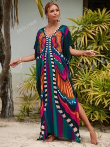 Vestido tipo kaftan estampado all over, escote en V, largo hasta los pies, para cubrir el vestido, ideal para vacaciones de verano