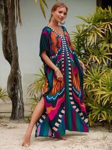 Allover Print V Neck Maxi Cover Up Dress Kaftan Vacation Summer