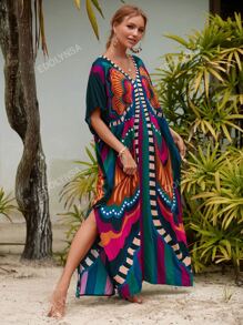 Vestido tipo kaftan estampado all over, escote en V, largo hasta los pies, para cubrir el vestido, ideal para vacaciones de verano