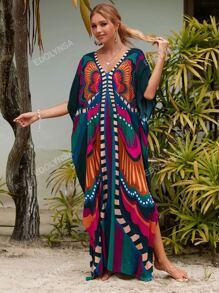 Vestido tipo kaftan estampado all over, escote en V, largo hasta los pies, para cubrir el vestido, ideal para vacaciones de verano