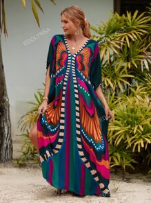 Vestido tipo kaftan estampado all over, escote en V, largo hasta los pies, para cubrir el vestido, ideal para vacaciones de verano