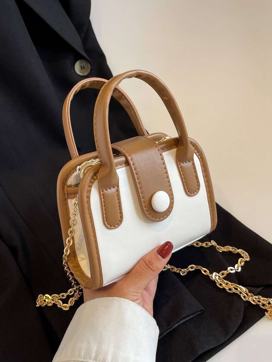 迷你雙色紐扣裝飾鏈條方包 - 白色 - 查看 1