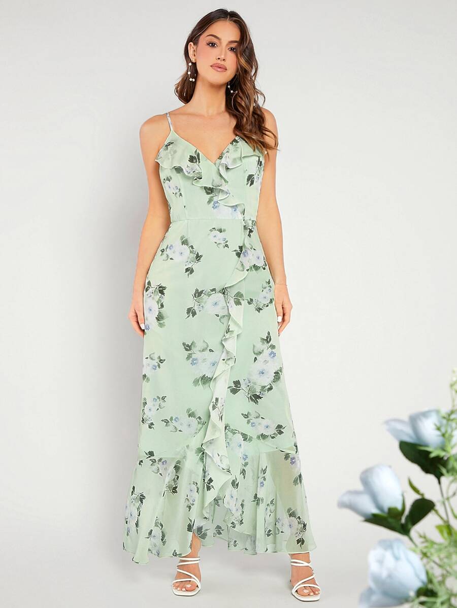 SHEIN Belle 1入組印花荷葉邊荷葉邊吊帶裙伴娘禮服 - 薄荷綠 - 查看 1