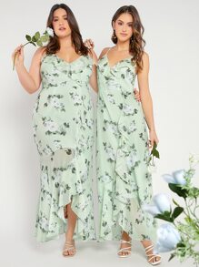 SHEIN Belle 1入組印花荷葉邊荷葉邊吊帶裙伴娘禮服 - 薄荷綠 - 查看 3